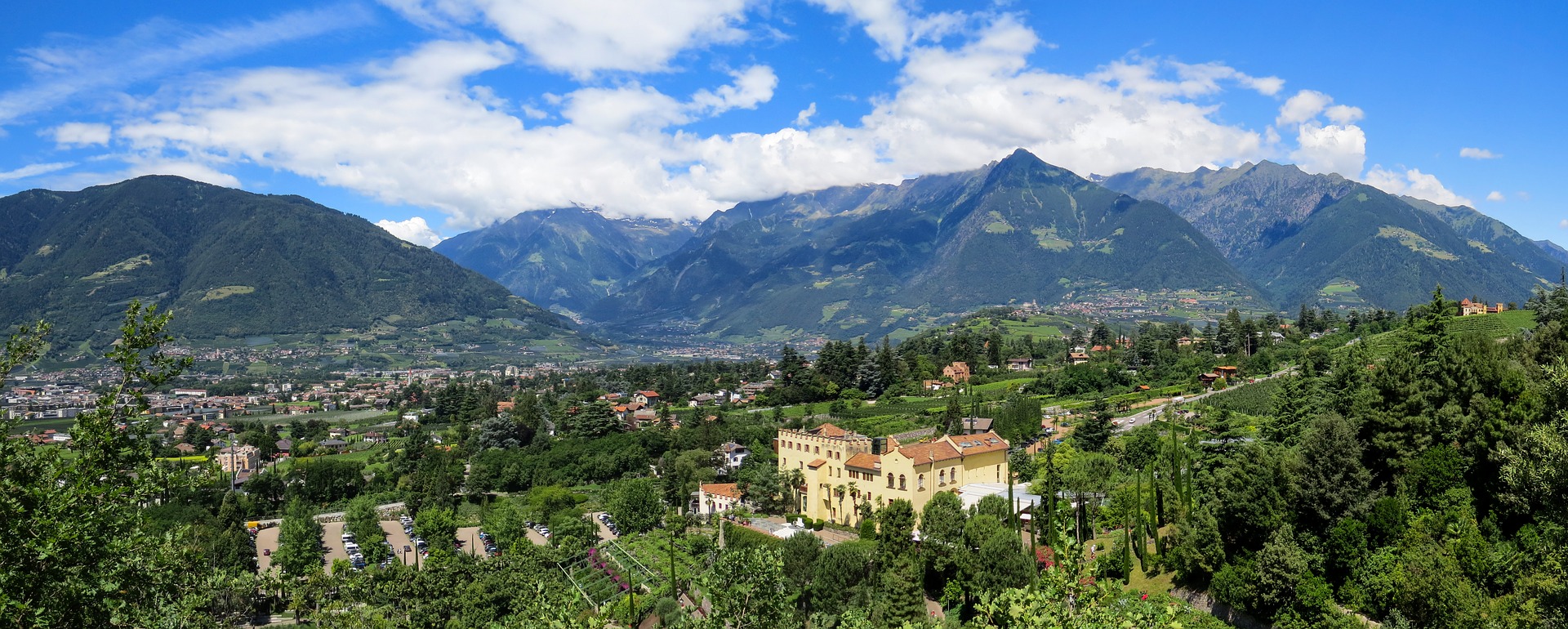 Ein Tal in Südtirol, in dem Wein angebaut wird, im Hintergrund die Alpen