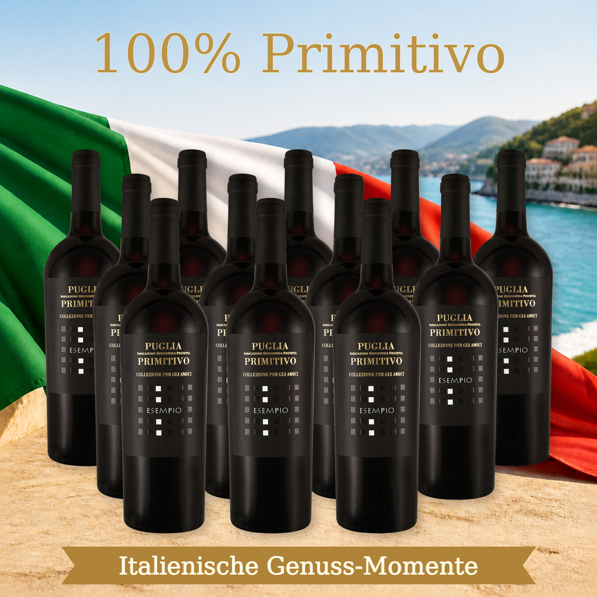 12 Originalflaschen ESEMPIO Primitivo, sonnige italienische Küste und wehende Italienflagge. 100% Primitivo. Italienische Genuss-Momente.