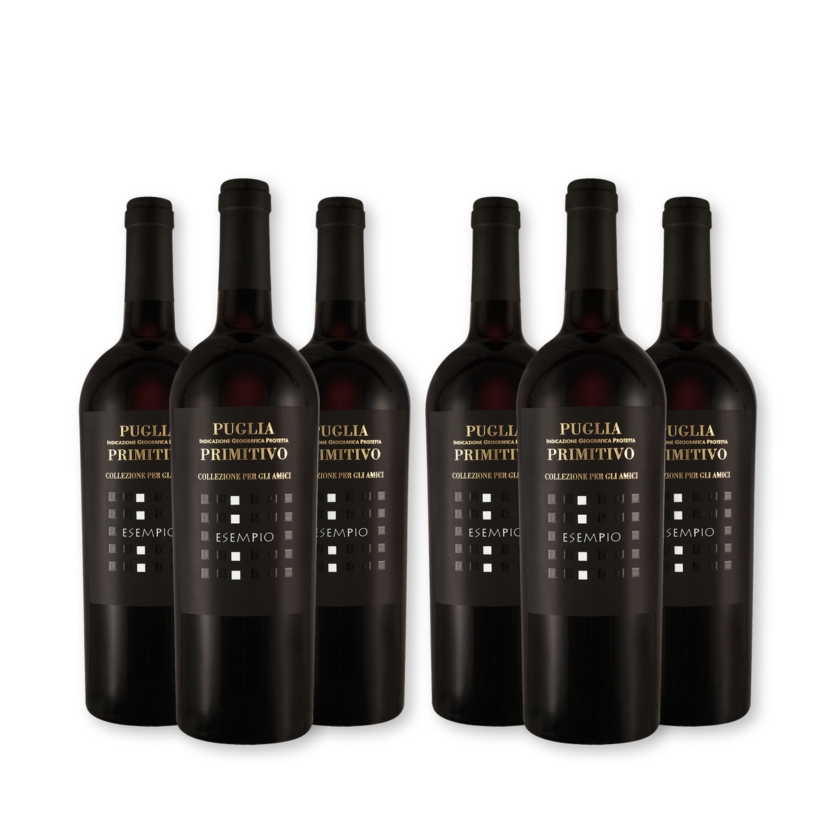 6 ESEMPIO Primitivo Originalflaschen, transparent freigestellt.