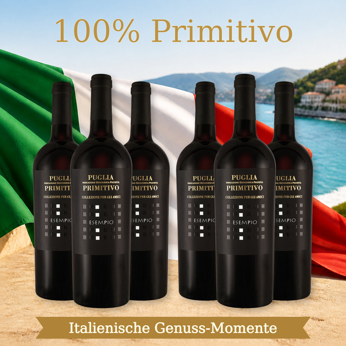 6 ESEMPIO Primitivo Originalflaschen vor sonniger italienischer Küste mit wehender Italienflagge. 100% Primitivo. Italienische Genuss-Momente.