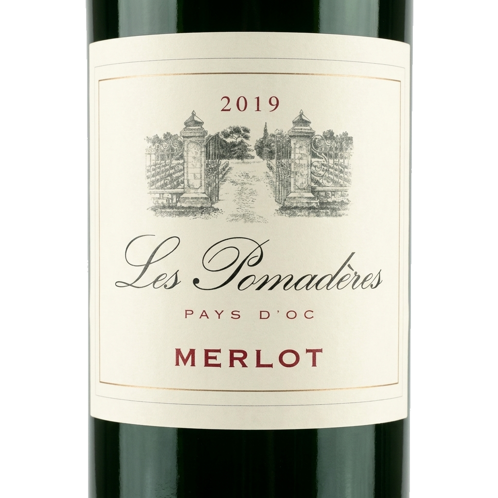 Les Pomadères Merlot 2019 – vollständiges Originaletikett, referenzbasierte Studioaufbereitung