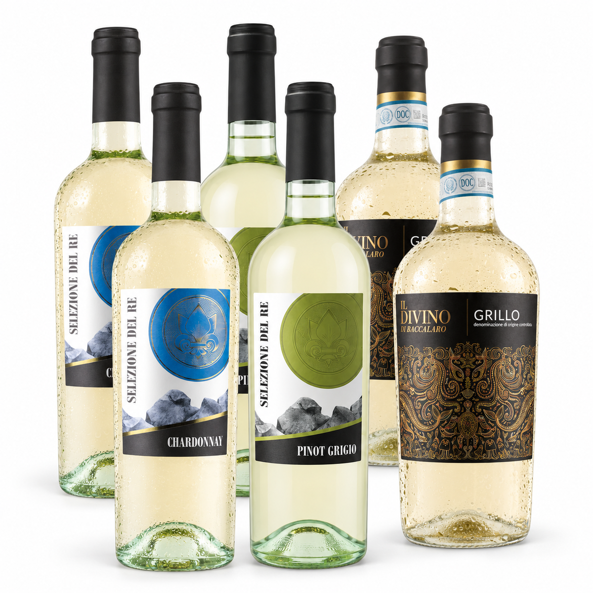 Sechser-Weißweinpaket mit je zwei Flaschen Chardonnay Selezione del Re, Pinot Grigio Selezione del Re und Il Divino Grillo