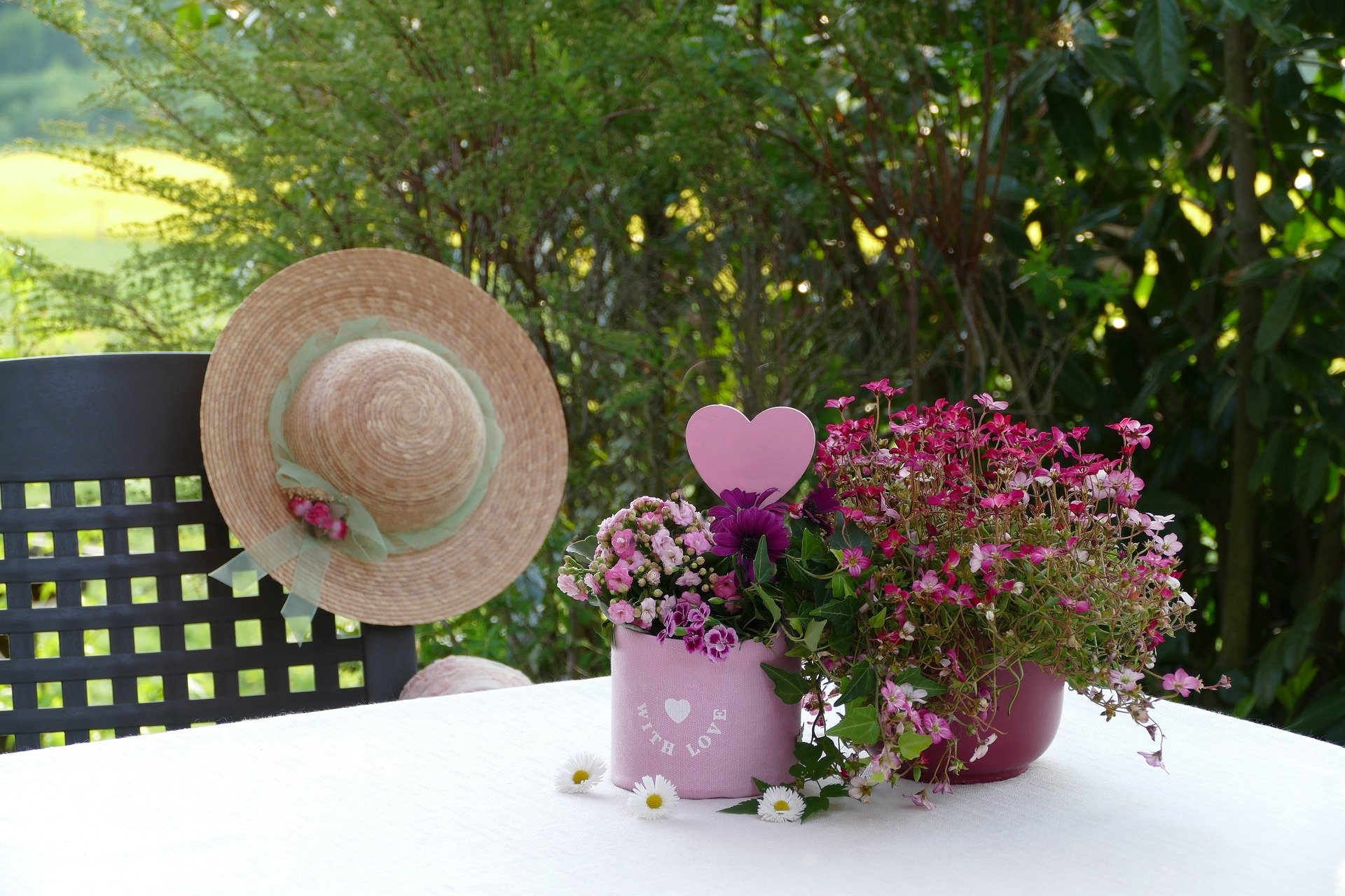 Rosa- und lilafarbene Blumen in gleichfarbigen Töpfen auf einem Gartentisch
