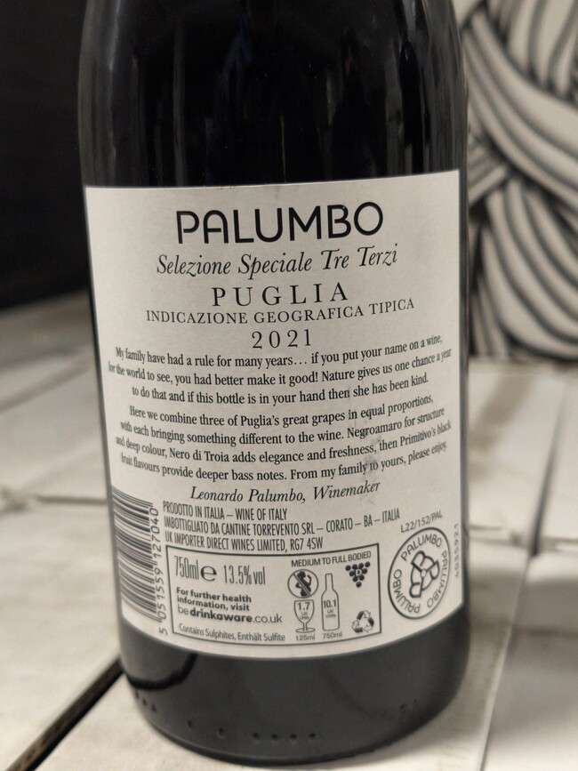 Palumbo Selezione Speciale Tre Terzi Puglia IGT - 2021