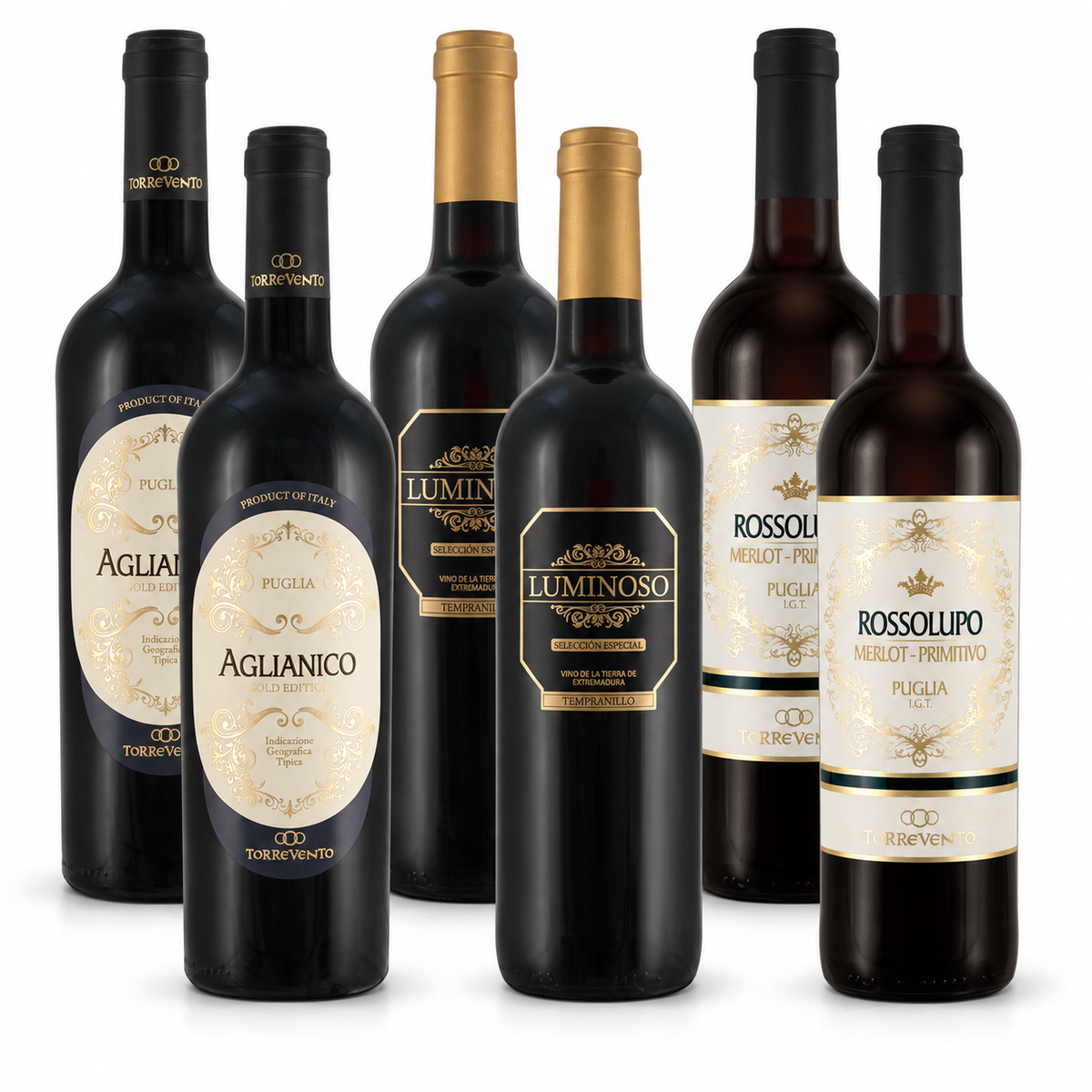 Sechser-Rotweinpaket mit je zwei Flaschen Aglianico Gold Edition, Tempranillo LUMINOSO und Merlot-Primitivo Rossolupo Puglia