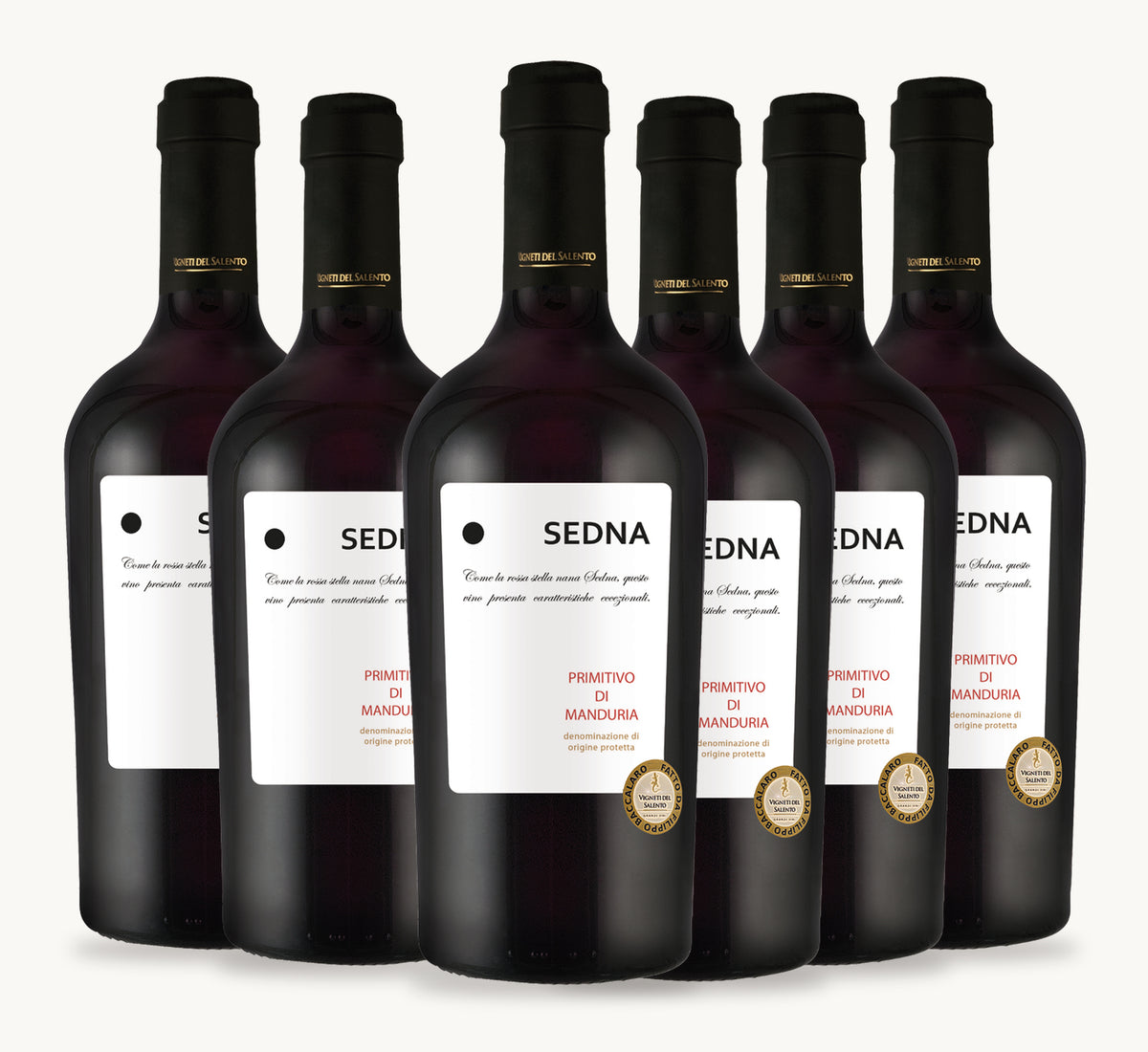 SEDNA Primitivo 6er-Paket – sechs Originalflaschen als kompakte, gestaffelte Flaschengruppe