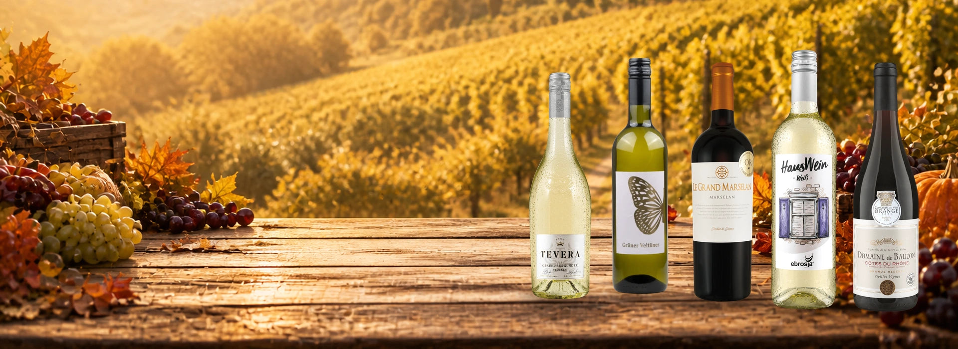 Fünf Originalweinflaschen auf einer herbstlichen Tafel im goldenen Weinberg