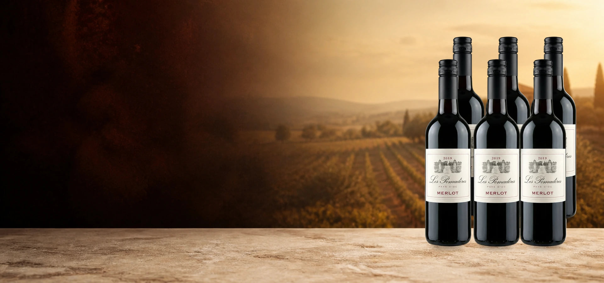 Sechs Originalflaschen Les Pomadères Merlot 2019 vor südfranzösischer Weinberg-Kulisse