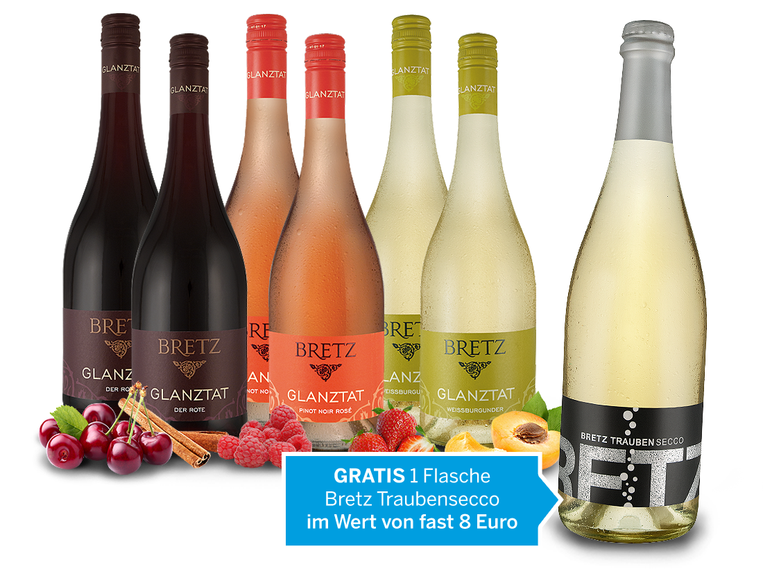 Ernst Bretz Glanztat Probierpaket mit je 2 Flaschen und gratis Traubensecco 012148 ebrosia Weinshop DE