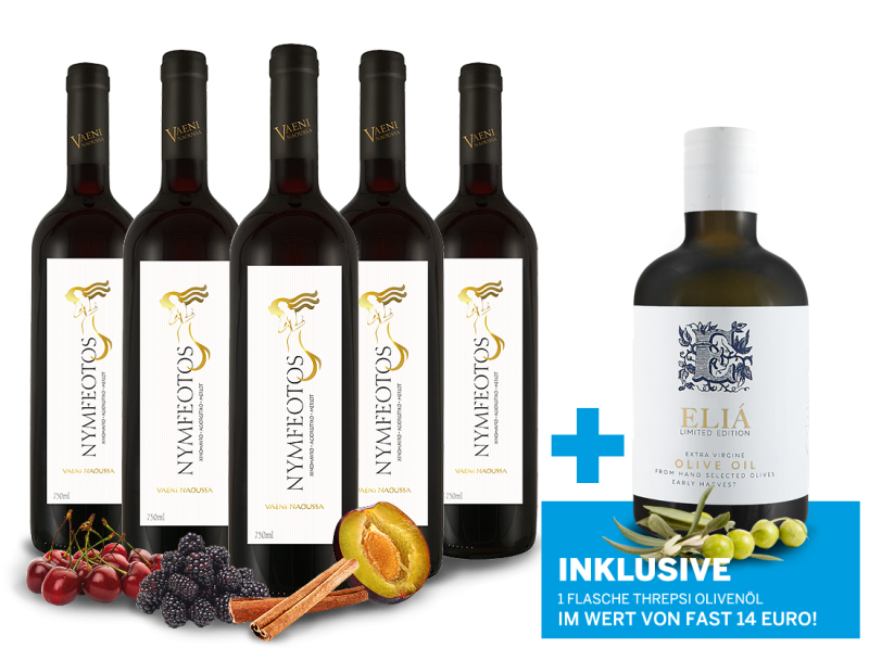 Vorteilspaket 5 Fl. Nymfeotos inkl. 1 Fl. Olivenöl Extra virgin olive oil ELIÁ