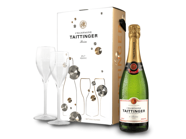 Taittinger Champagner Brut Réserve in Geschenkverpackung mit 2 Gläsern