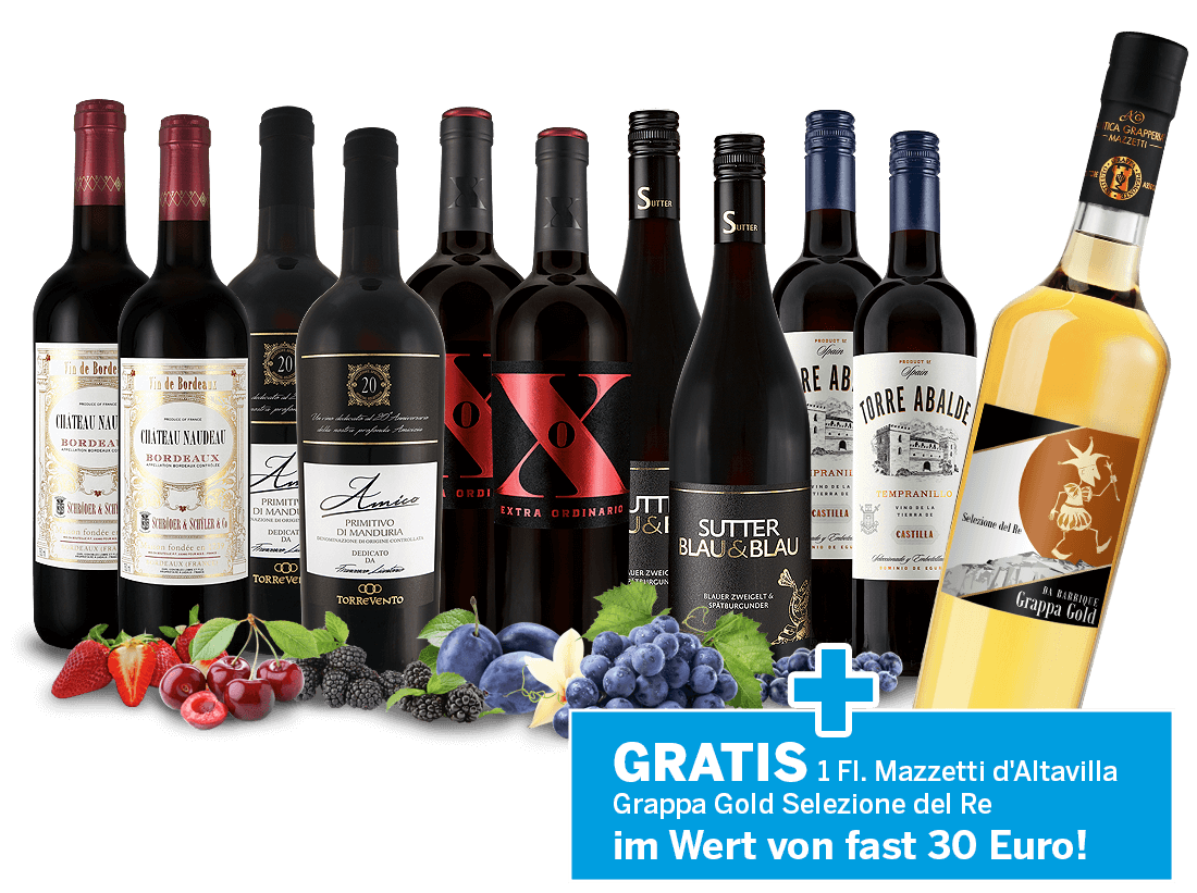 Festtagpaket Rotwein 2022 mit Grappa GRATIS 014517 ebrosia Weinshop DE