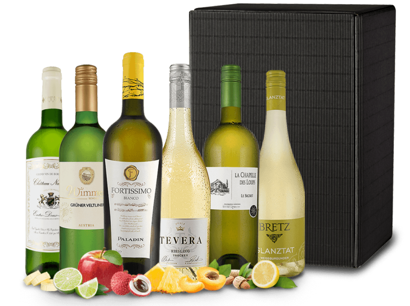 Festtags-Kiste mit edlen Weißweinen mit 6 erlesenen Flaschen in dekorativer Holzkiste
