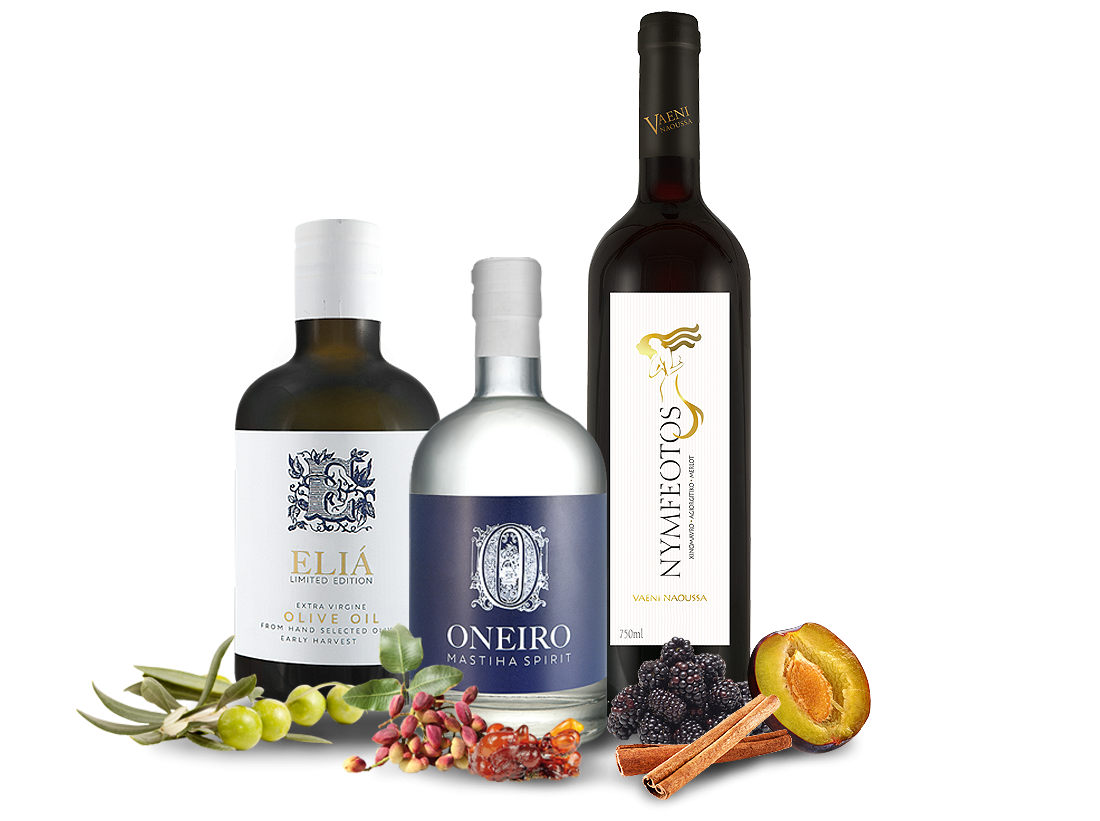 Probierpaket Griechischer Abend mit je 1 Fl. Wein, Olivenöl und Spirituose