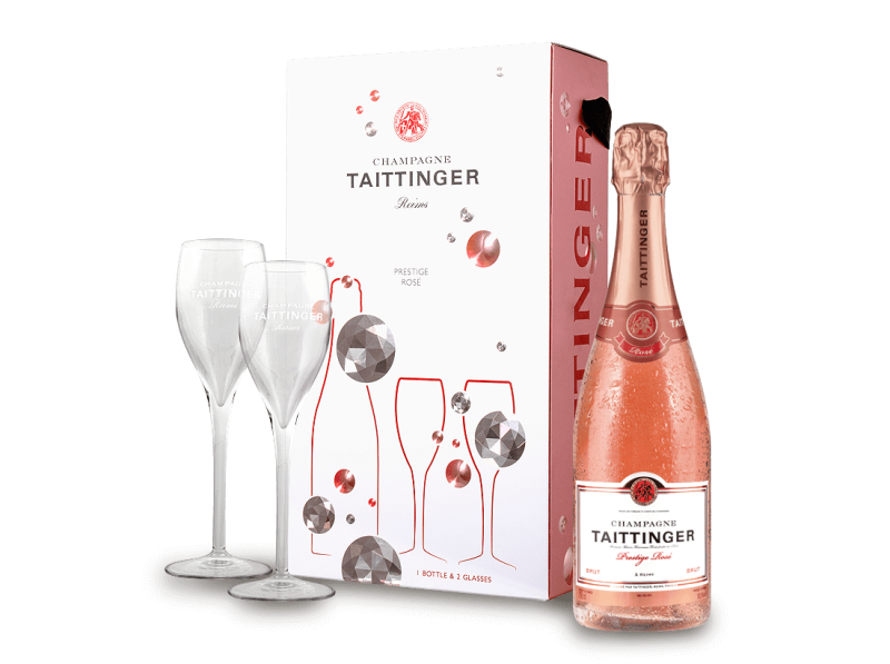 Taittinger Champagner Brut Prestige Rosé in Geschenkverpackung mit 2 Gläsern