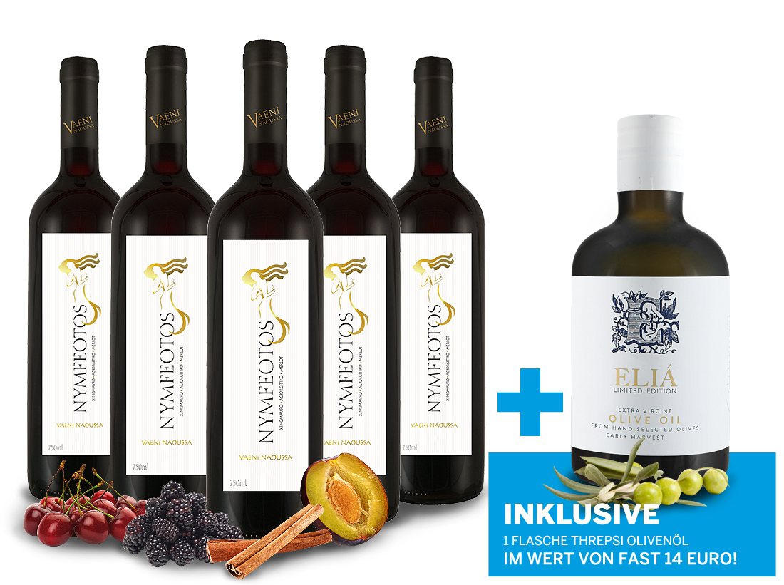 Vorteilspaket 5 Fl. Nymfeotos inkl. 1 Fl. Olivenöl Extra virgin olive oil ELIÁ 013017 ebrosia Weinshop DE