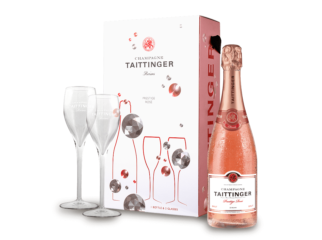 Taittinger Champagner Brut Prestige Rosé in Geschenkverpackung mit 2 Gläsern