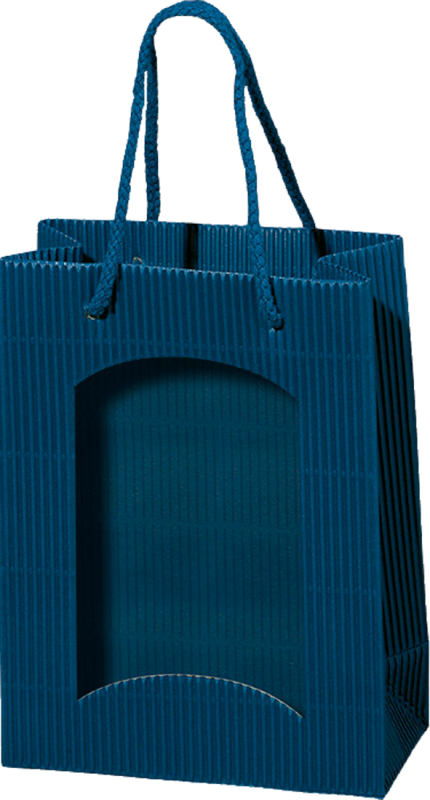 Papiertüte offene Welle Blau mit Folienfenster für Bocksbeutel oder 3 Piccoloflaschen