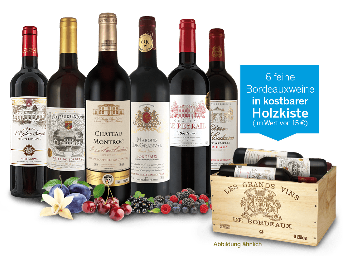 Weingeschenk Bordeaux-Rotweine in Holzkiste 012802 ebrosia Weinshop DE