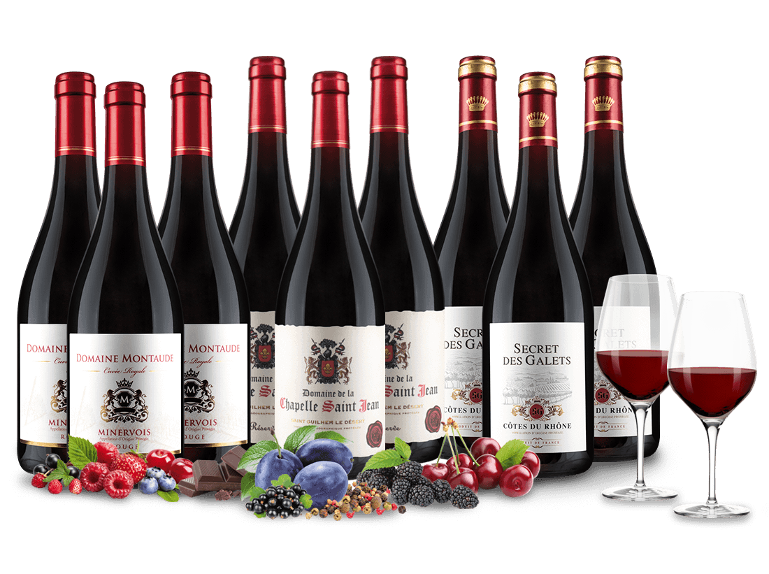 Rotwein-Genuss L mit 9 Flaschen + 2 GRATIS-Gläser 015086 ebrosia Weinshop DE