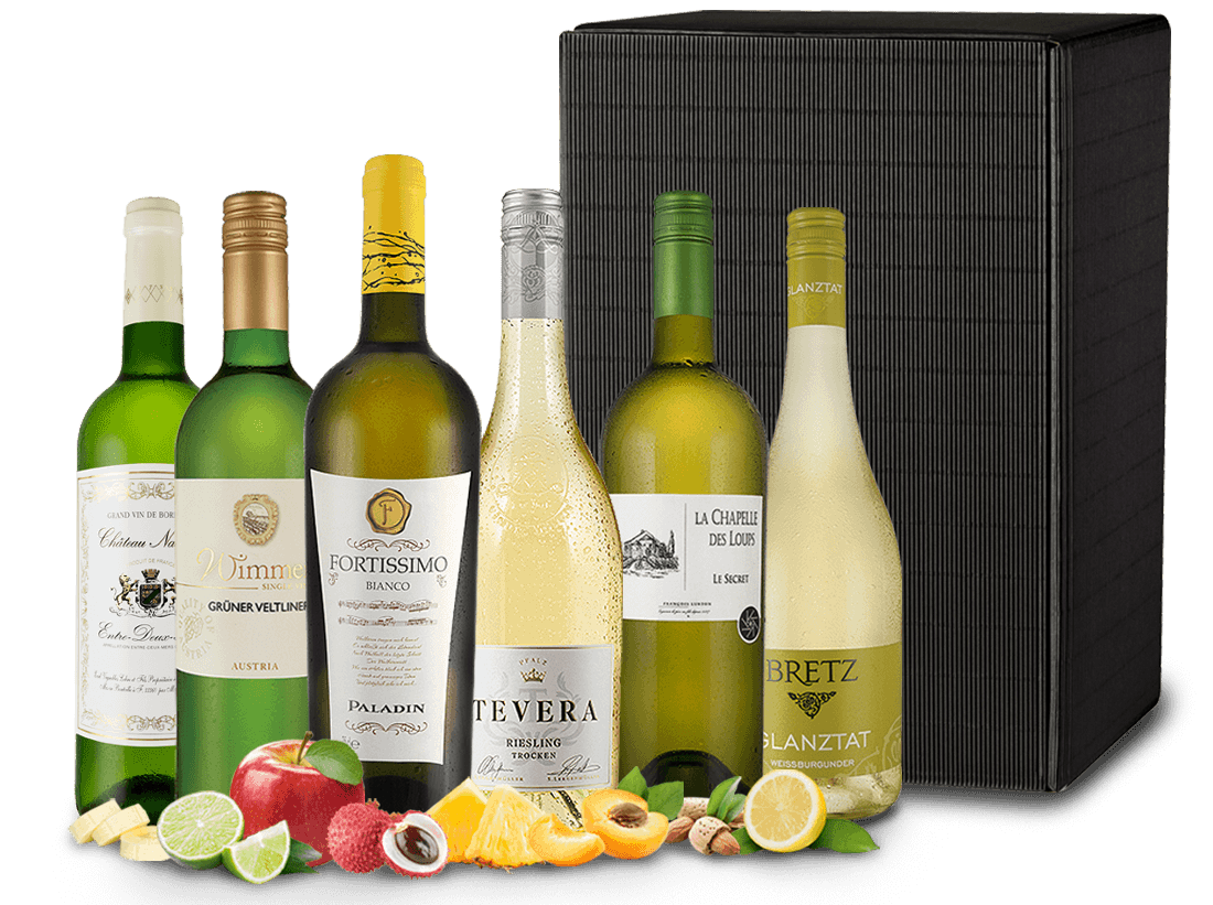 Festtags-Kiste mit edlen Weißweinen mit 6 erlesenen Flaschen in dekorativer Holzkiste 014019 ebrosia Weinshop DE